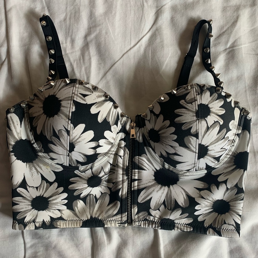 Floral Print Front-Zip Stud Crop Top/Bralette size